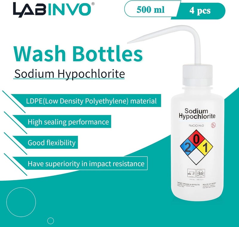 LINVO 4pcs of Sodium Hypochloride Wash Bottles, Vol.500ml (17oz), Narrow Mouth, Self-Venting Safety Wash Bottles, LDPE Material, IN-WBS500 - Image 1